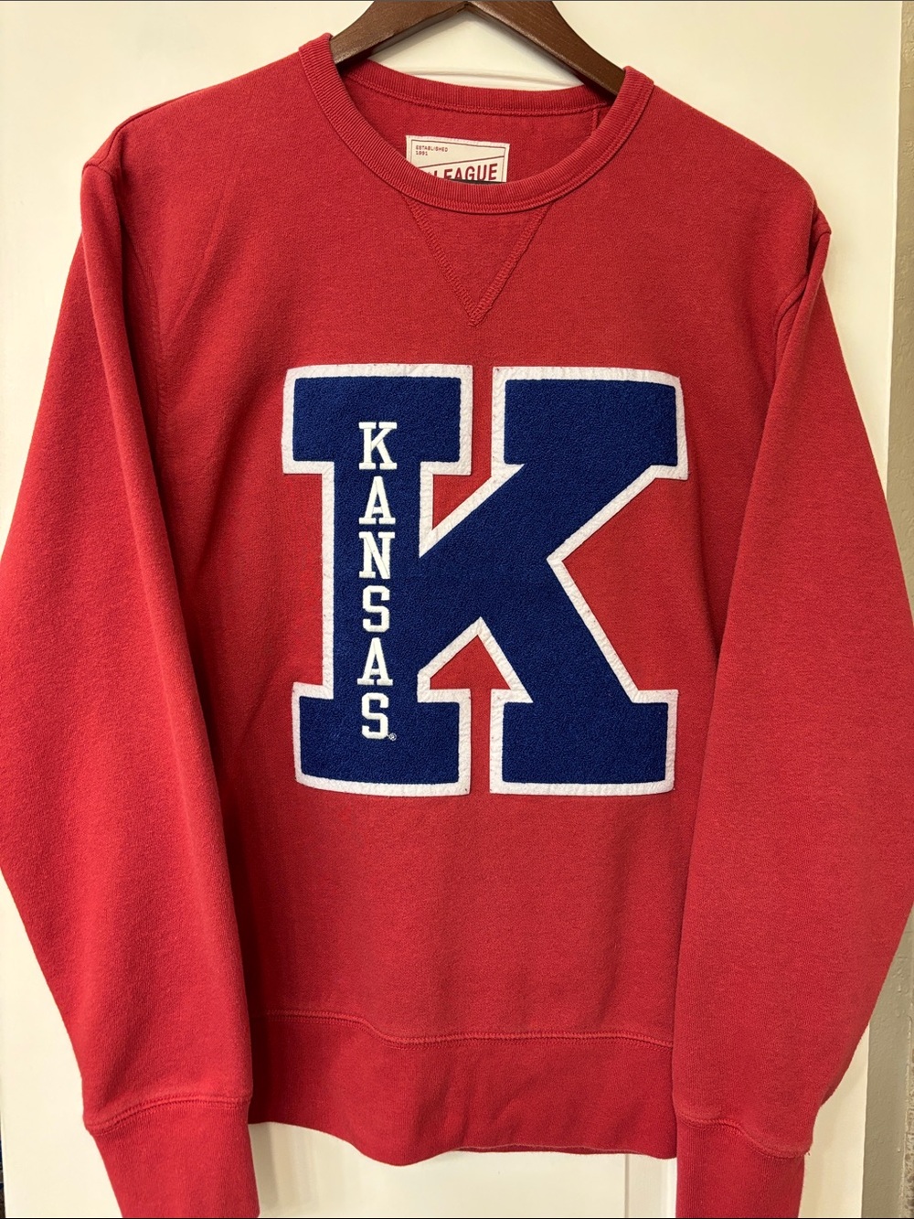 League Red Kansas Crewneck with Blue 'K' Varsity Appliqué Size M